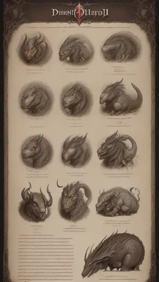 ((8k, high detail, high resolution)) character design sheet from artist Edward binkley of a monster riding a cryptozoology creature . ((Medieval bestiary art)) (((Diablo game bestiary art)))