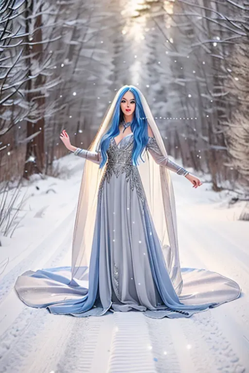 Beautiful woman, long blue hair, blue eyes, long silver dress, full body and head shot, snow on the ground, snowing, trees and a road behind her, realistic photo, outdoor light, shadows, very wide angle.
