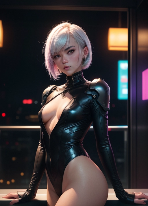 A professional photo of Lucy from cyberpunk edgderunners 25 years old, European and Japanese descent, cute but angry and pouting expression, in a hotel roomwith giant windows outside is a futuristic cyberpunk city, night time, astonishing woman, short pure white hair with one pink strand, bob haircut, wearing a full cyberpunk outfit made only from cotton fabric, fully clothed,warm cinematic lighting, neon lights, neon glow, purple lights, masterwork, best quality, volumetric lighting, depth of field Imperfect skin, Feminine, Real looking face, highly detailed face,photorealistic, hyperrealistic, low light,covered breasts, (best quality),(Small breasts), <lora:dpmg_add_detail:0.5>, beautiful,(high resolution), (((masterpiece))), (uhd), (8k)