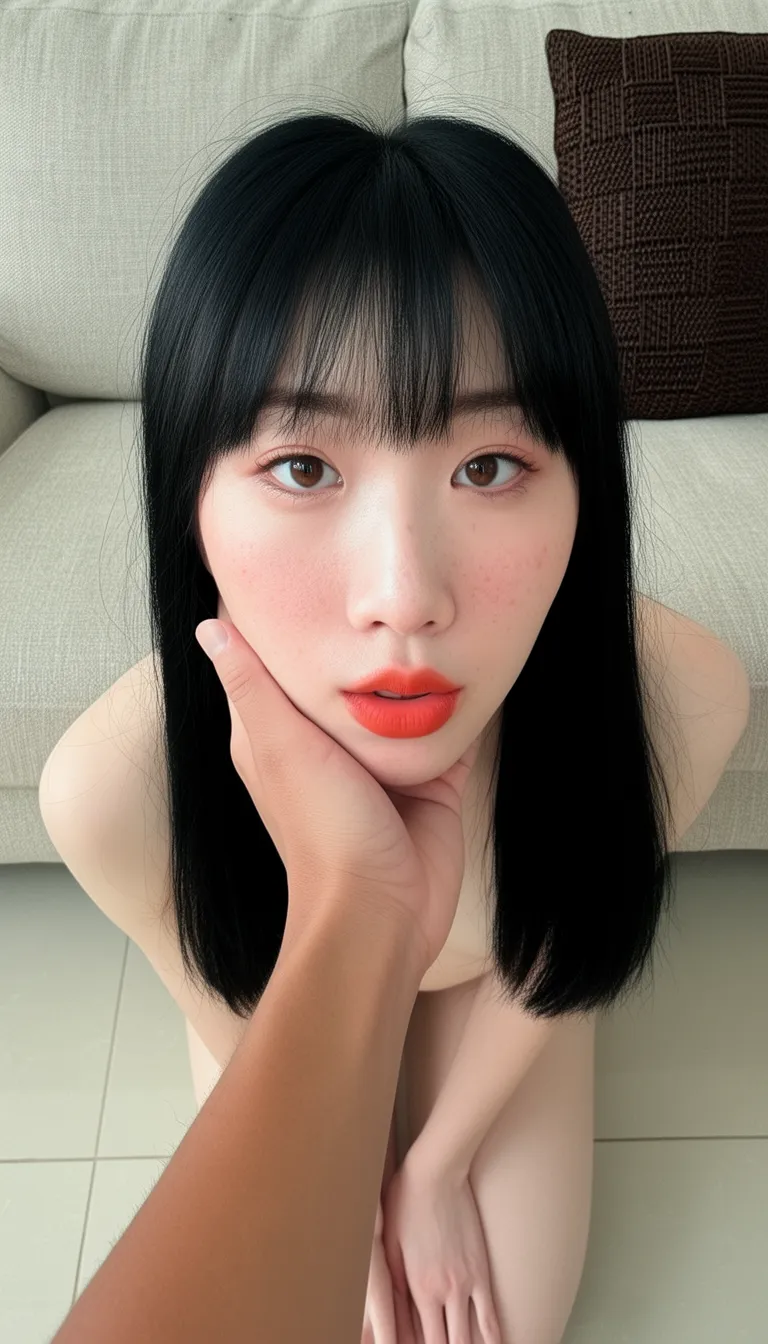 POV視角,一個男人從鏡頭前方伸出右手扶著她的下巴。
一位年輕亞洲女性,黑色長髮帶有齊眉瀏海,髮絲柔順且有自然光澤,臉部皮膚白皙細緻,帶有微紅潤感,雙眼深邃圓潤,虹膜為深棕色,眼睫毛濃密且略翹,鼻樑小巧挺直,嘴唇飽滿呈自然珊瑚色,嘴角微張顯現輕微誘惑表情,眼神直視鏡頭,略帶慵懶與沉思氣息,臉頰有自然肌理紋路,皮膚表面可見細微毛孔與微血管,頸部線條纖細,鎖骨清晰可見,身體姿態呈半蹲姿勢,上身微微前傾,她雙手自然垂放於膝蓋附近。
背景為室內環境,後方為米色布藝沙發,沙發表面有細微織物紋理,沙發旁邊放置一個深棕色編織紋理的靠墊,靠墊表面有規則幾何圖案,地面為淺色瓷磚。
