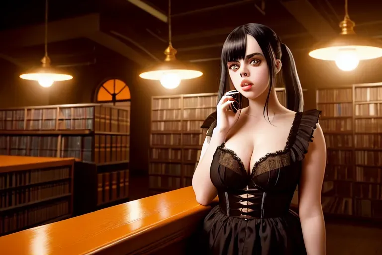 a digital painting of,billie eilish,wearing halloween clothes,leaning against the wall,at the library,amazing breasts,five slender fingers,bangs hairstyle,gorgeous face,beautiful lips,brown eyes,curved eyebrows,curved eyelid,pale skin,satisfaction,wearing golden ring,professional,studio lighting,highly detailed,cinematic lighting,bokeh