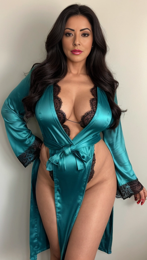 a strikingly beautiful Mexican Latina woman in her 50s, with long dark hair that cascades down her back in waves, green eyes, she has tired eyes. A body that used to be active fit is now slightly chubby and overweight, short stocky but curvy body
dressed in a, translucent blue silk and lace robe that accentuates her curves, Navel, tummy, hips, thighs. She wears red lipstick that highlights her full lips, open bathrobe, thong g string