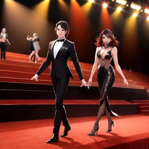 models catwalking on stage with red carpet, teasing crowd
