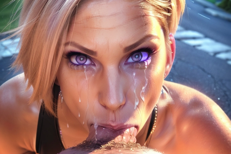A beautiful woman, milf, mature, <lora:PN7xrGpnVMg_Miranda:0.9> (bare breasts), strong body, skinny, fit, toned muscles, ((flat chest:1.3)), blonde hair, (undercut tomboy hair), pale skin, mouth full of cum , libidinous expression, sultry purple eyes, (((eyes crossed))), photography, sexually excited, sexually aroused, detailed skin, realistic, photo-realistic, 8k, highly detailed, High detail RAW color art, piercing, diffused soft lighting, shallow depth of field, sharp focus, hyperrealism, cinematic lighting, (crying eyes),
((woman on her knees, looking straight up at camera)),
(perfect dick sucking mouth),
((wet sticky face)),
deepthroat,
mouthfucked, ((pov the man is holding her head)),
<lora:O7vzyoKLxaR_Blowjob_pov_01:0.5>, cum facial,
she is nude, wearing black choker,
thick pubic hair,
waiting in park at night. (photorealistic:1.37), (8K), (UHD), <lora:dpmg_add_detail:0.5>