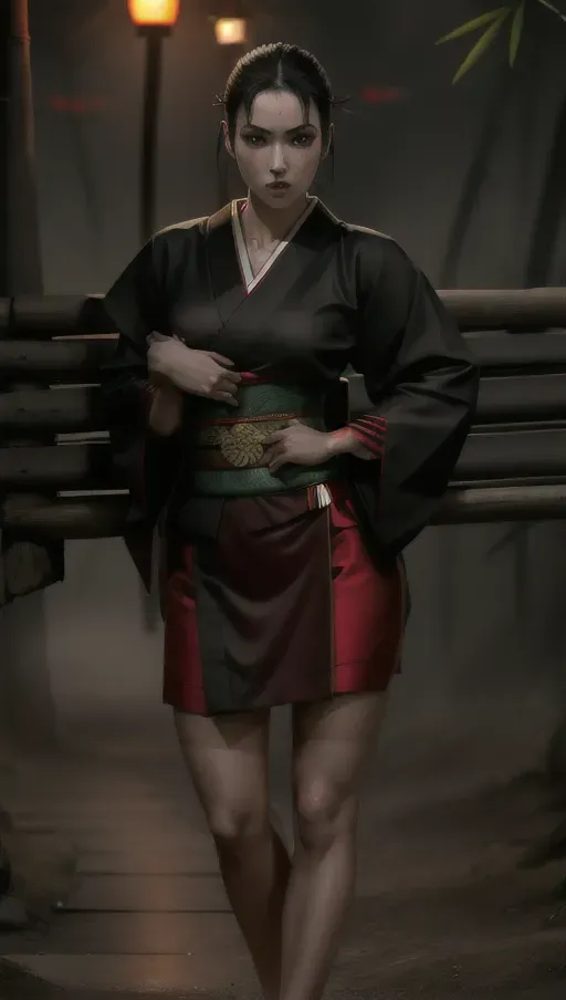 1girl, full body , detailed face, beautiful, attractive, sexy, flawless, shapely, sensual, fatal, lethal, deadly, hurt, bruised, feudal japan, japanese , seductive, surprised, startled, stunned, attacked, ambushed, assaulted, frightened, terrified, alarmed, scared, spooked, panicked, fearful, terrorised, moody lighting, night, short hair, dark hair, black hair, almond shaped eyes, eyes open, eyes wide, eyes wide open, thin lips, solo , masterpiece, ultra high res, professional, photo referenced, 23 years old, young adult, slim, pale skin, kimono, dark red kimono, saliva, saliva dripping, summer, thin clothing, sweat, sweaty skin, shiny skin, purple eyeliner, small breasts, pain, head tilt, bending, bent, 1 character, bags under eyes, foot, feet, foot side, toe, toes, fully clothed, long legs, tall, bamboo forest, cosplay, fishnet, mini skirt, thong, traditional, ninja, kunoichi, tight, kimono, covered chest, covered breasts, long top, small breasts, cotton,