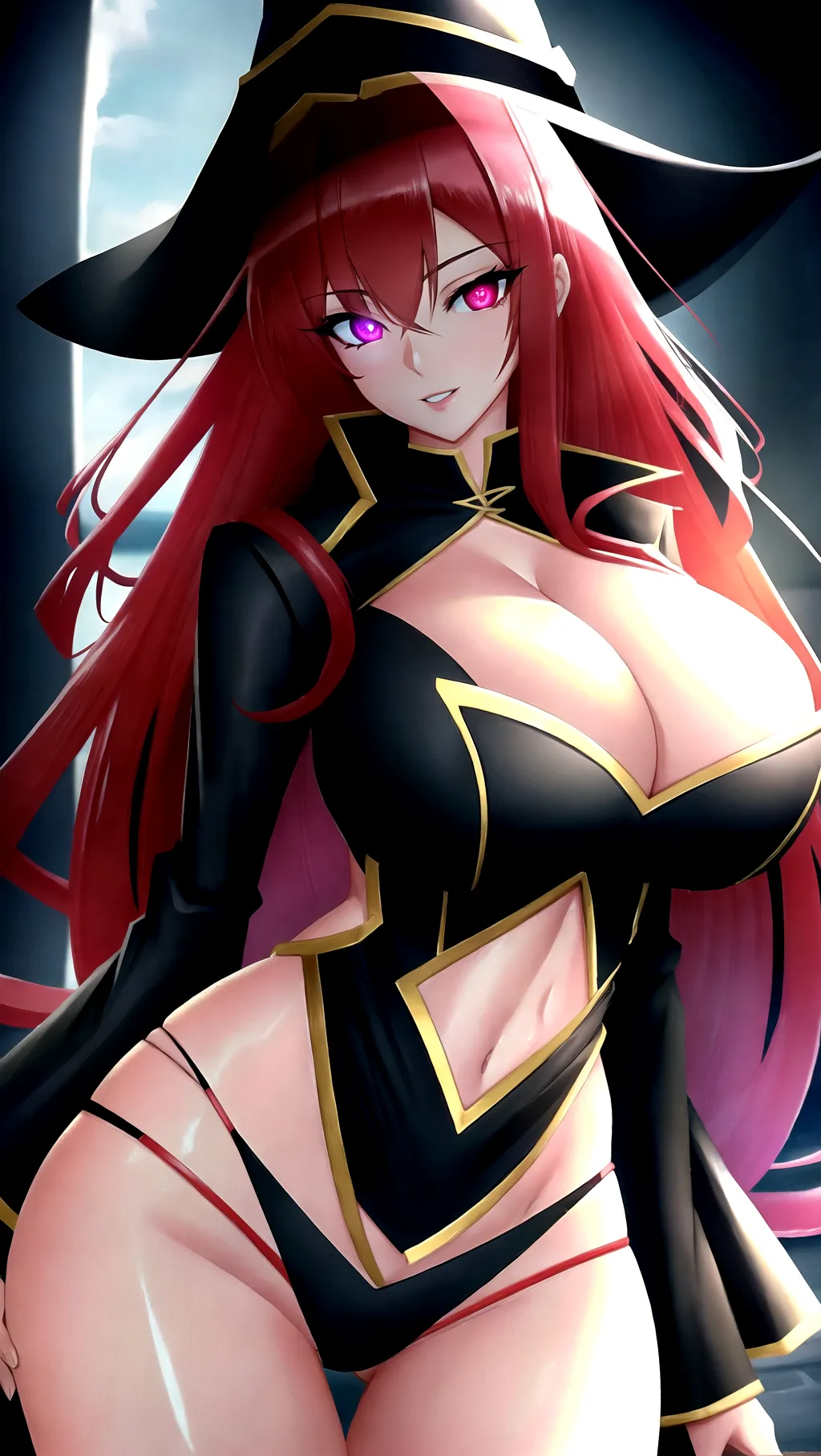 Hyper resolution, extreme details, 8K resolution, masterpiece, very high quality, ray tracing, perfect lighting, perfect shadows,
A sexy witch with massive boobs and perfect red hair, wide hips, skinny waist, long legs, naughty face, perfect face, perfect eyes, extreme eye detail, extreme face details, bright glowing eyes, ((glowing eyes)), magic eyes,