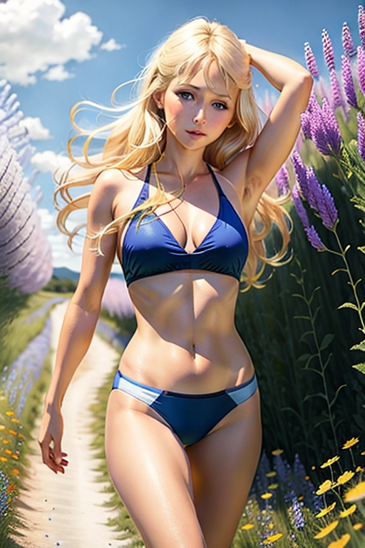 Colour picture of beautiful Anna Kournikova crossed with Agnetha Faltskog, medium length blonde hair, blue eyes, rosy complexion, beautiful face in a bikini, walking through a field of wildflowers, ((vivid colours)),