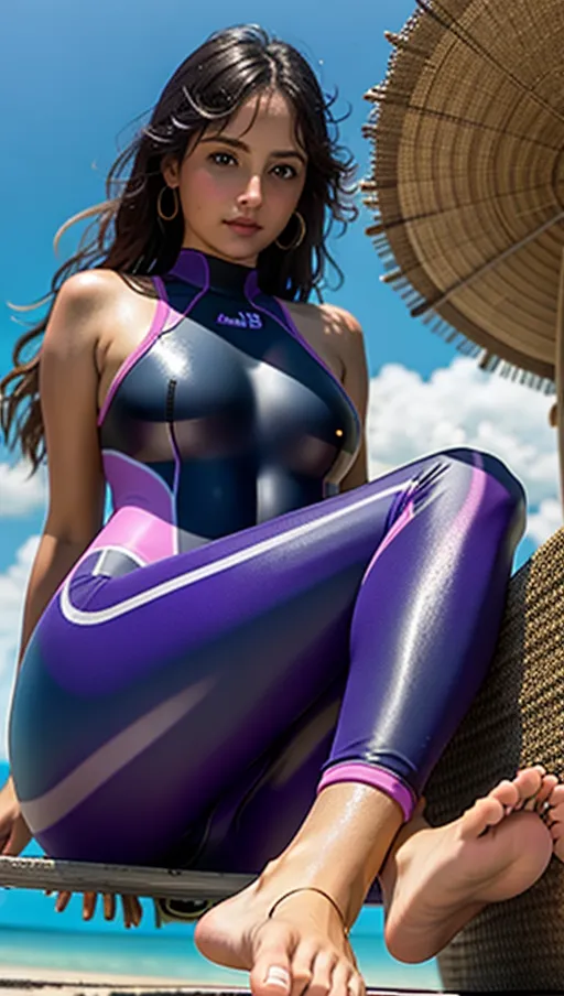 woman shot from low angle, woman looking down at camera, Caucasian, eye contact, eye contact, eye contact, eye contact, eye contact, eye contact, eye contact, eye contact, eye contact, standing, tight sexy purple and pink wetsuit, barefoot, beautiful feet, beautiful feet, beautiful feet, feet take up bottom quarter of frame, show feet, show feet, show feet, full body, blue sky above her, drenched in oil, anklet, anklet, anklet