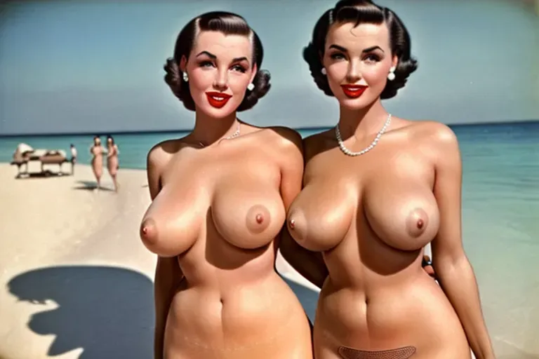 ((1950s color photo)). 2girl, two different women,(Pretty, sexy Woman, ((natural breasts))) (((nude))) highly detailed faces, highly detailed skin, beach, sexy pose