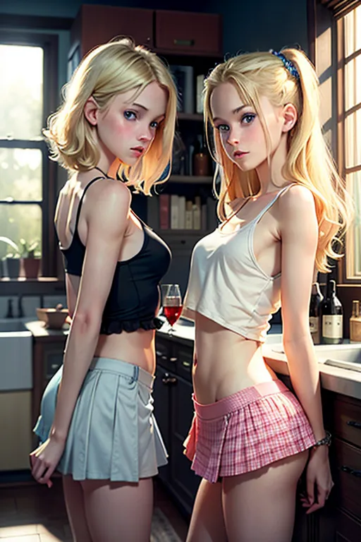 extremely realistic picture of two, slutty, horny, sex addicted, skinny, stepsisters. 18 years old, shoulder length blonde hair, blue eyes, they stand at five foot four inches with super skinny tight bodies, super short skirts and tight tank tops. no bras or underwear, hard pointy nipples