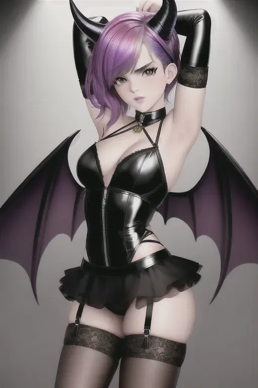 a photo shot of, Emma Watson, rainbow hair, goth clothes, bound,five fingers per hand,gorgeous face,beautiful lips,brown eyes,curved eyebrows,erotic ,smooth,8k,studio lighting,highly detailed,bokeh, open legs, blacked out eyes, horns, tail, wings, scary