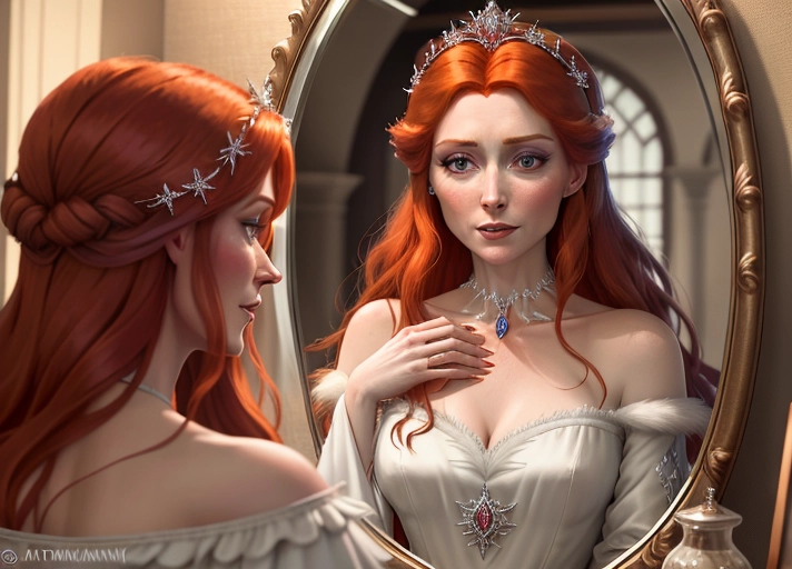 in the dead of night, good sweet Beautiful auburn hair flowing freely, large deep eyes, Queen Anna of Arendelle dressed in a white nightgown, admires the fresh fang marks upon her neck in the mirror. Photorealistic.