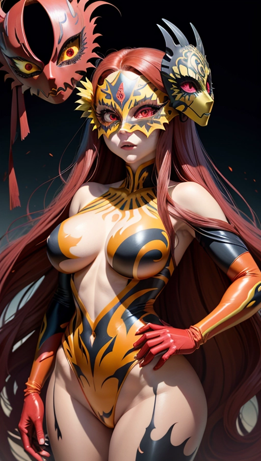 red and yellow female symbiote, ((hair-raising symbiote)), ((red and yellow symbiote goo)), (((burgundy red long hair with yellow strands))), ((red and yellow symbiote suit)), (yellow strands), (((((symbiote goo face masquerade))))), (((((symbiote goo hair)))