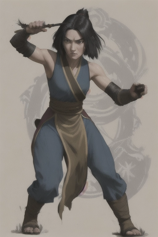 Mai, from Avatar The Last Airbender, is depicted as a reserved and skilled fighter. She has shoulder-length, straight black hair and pale skin. Mais eyes are a distinctive shade of amber or brown, often accentuated by a lack of emotion, reflecting her stoic and detached demeanor. She typically wears a simple, dark-colored outfit, often adorned with subtle Fire Nation insignia or detailing. Mais appearance is understated yet elegant, mirroring her quiet and unassuming personality. Despite her calm exterior, she is a highly skilled and lethal warrior, proficient in using thrown weapons such as daggers and shurikens with deadly accuracy.