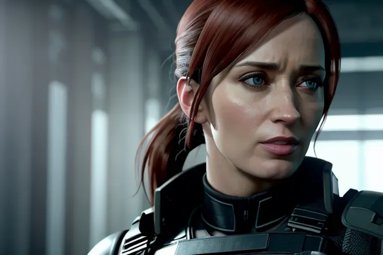 a concept art of,Emily Blunt, confident, in resident evil, in black tactical pants, black military armor, gun holsters, combat boots, five fingers per hand,red hair, ponytail,bangs,strong pose,charming face,beautiful lips, deep eyes,curved eyebrows,textured skin,cgsociety,8k,unreal engine,highly detailed,artstation, deviantart, cinematic, sharp image, centered, medium close up, 8k,studio lighting, head in frame, long neck, entire head in frame,hyper-realistic,