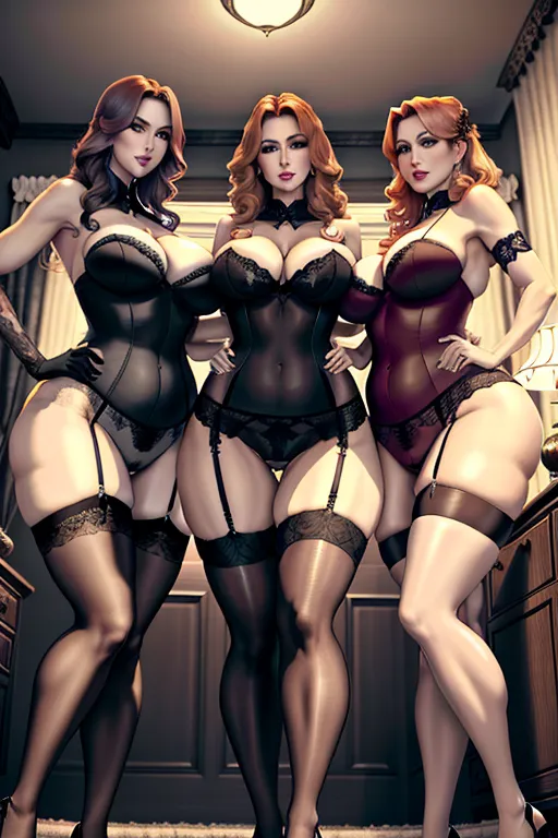 an hd photo of three milfs, standing, view from below, wide stance, big dicks, shemale, t-girl, futanari, tits out, squeezing breasts, holding breasts, looking up at viewer, eye_contact, bedroom_eyes, sexy, stockings, lace, lingerie,