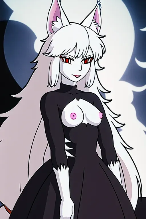 <lora:dpmg_ghibli_style:1>, woman with a nose, wolf ears, wolf tail, long white hair, red eyes, black dress, small breasts with small nipples, naked, pink nipples, HDR,8k resolution