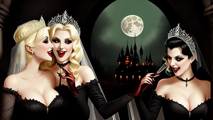 medium shot of the sexy vampire brides of Dracula hungerly associating with their victim on a foggy moonlit night in the shadowy ballroom of a decerped old castle. three very pale gothic sexy erotic blond and black haired evil vampire vixens fangs gleaming in the moonlight. Drinking, laughing, dancing, kissing, seducing their victim, Crowning her with a bridal veil. Beautiful redhead early mid-thirties moderate breasts good sweet innocent, big soft round eyes, warm smile Anna of Arendelle in a soft green elegant Nordic ballgown.
photorealistic. High resolution