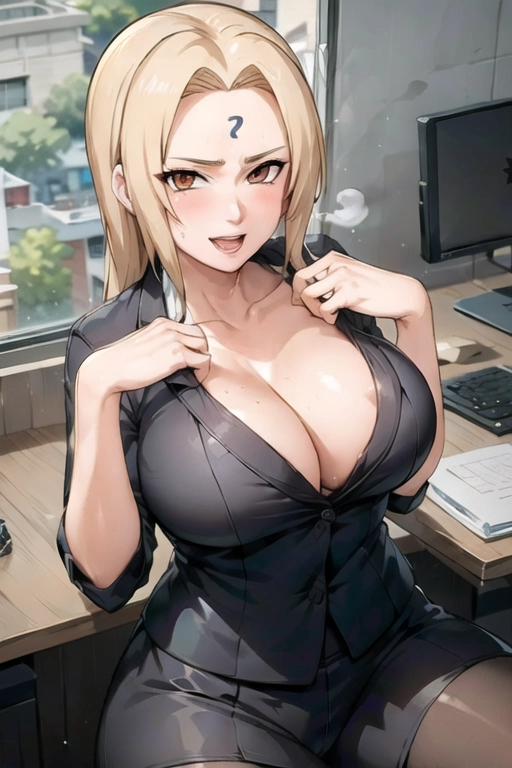 Tsunade Hokage, <lora:DXb15WArbKg_Tsunade:0.6> wearing office suit, teasing breasts at the viewer, ahegao, cute face, spreading legs, <lora:dpmg_wet_hair:0.5>