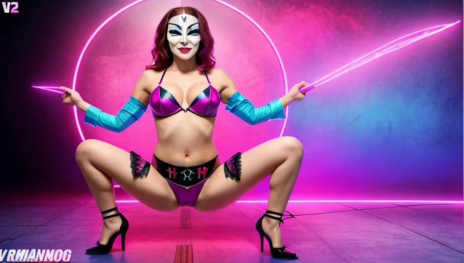 A gorgeous transgender woman (m2f) wearing the v for vendetta anonymous mask her full body in the image, transgender symbol in the background, lots of pink and blue, vibrant, vivid, art, realistic, fantasy, matrix vibe, HDR, 32K, fantasy, romantic, high heels, panties, lingerie, sexy, beautiful, female perfection, nudity
