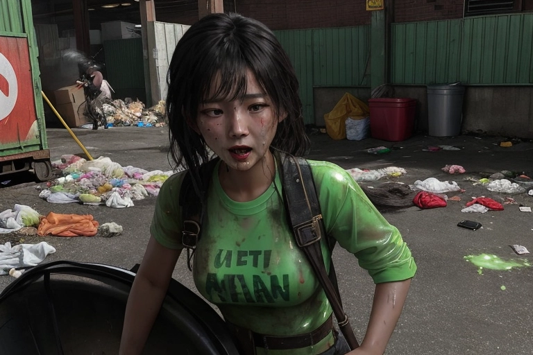 asian woman, in a a dirty warehouse, chased by homeless men, frightended, a slave , (((blowbang))), rough sex, captured, caught, surrounded by the homeless, covered in slime, covered in cum, forced, she was turned into a fucktoy, she was the entertainment, they all had their way with her, garbage sround her, firlth around her, she is ashamed, covered in garbage, filthy whore, worhless slut