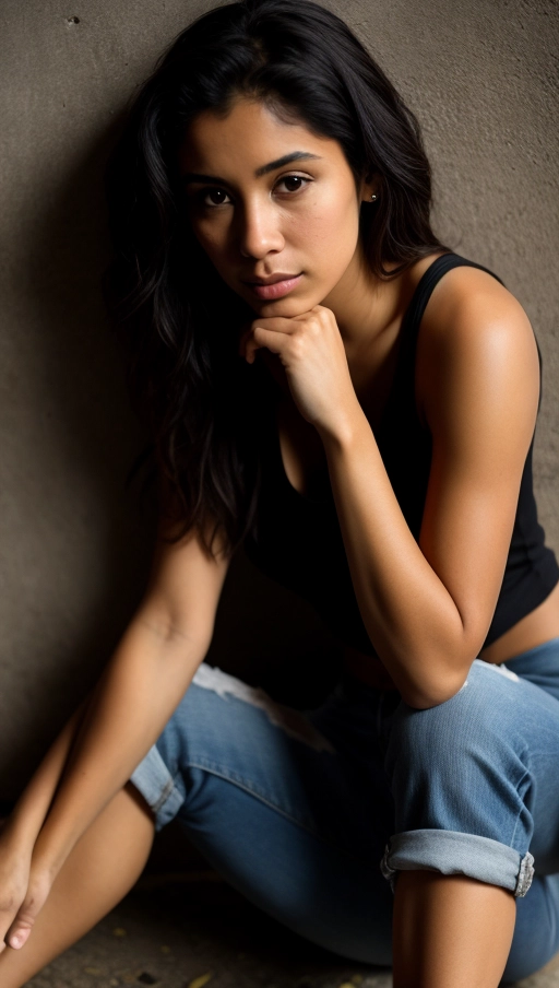 Young woman, Latina, mid-20s, tear-streaked face, hazel eyes, wavy dark hair, petite frame, B cup, black tank top, jeans, distraught, aspiring writer, clutching crumpled pages, dark room, sitting on floor, back against wall, desolate expression, faint light, scattered papers.