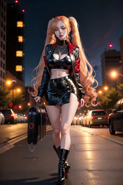 full body, strawberry blonde hair, hazel eyes, short girl, black miniskirt, black high heel boots, looking at viewer, long hair, pale skin, silver necklace, black red crop top, 24 years old, giant breasts, cute face, pov, wavy hair, city environment, Oklahoma City, wide eyes, erotic, skirt tug, leather jacket, nighttime, black backpack, twintails