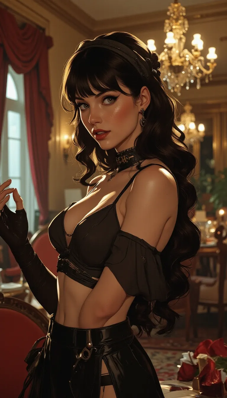 Anime style. 1boy, Serena, SerenaRH, very long straight black hair, brown eyes, gorgeous lips, dark lips, medium perky breasts, perfect body, large hips, fit body, thick thighs, 1g0r, Dutch angle, earrings, elegant, makeup, fancy party room, indoor, golden details, dramatic light, face closeup, parted lips, makeup, abs, solo, parted lips, shiny skin, sweat, brown hair, toned, brown eyes, big breasts, braid, muscular male, black hair, long hair, looking at viewer, indoors, easynegative, FMAB_Envy, 1boy, solo, long hair, black hair, purple eyes, slit pupils, headband, crop top, bare shoulders, midriff, gloves, fingerless gloves, skirt, side slit, bike shorts under skirt, bike shorts, toeless legwear, leg tattoo, 1femboy, on knees