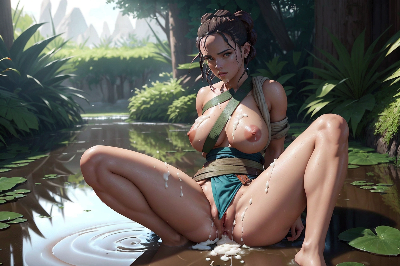 (((A close-up photo of an absolutely gorgeous Rey Skywalker sitting with her legs spread in a puddle of cum))), (((her arms are behind her back))), (((her large breasts are completely exposed))), (((perfect beautiful vagina))), perfect hourglass figure, ((perfect large natural breasts:1.3)), 8k UHD, Canon EOS DSLR, trending on artstation, unreal engine, masterpiece, ultra-detailed facial features, ray tracing