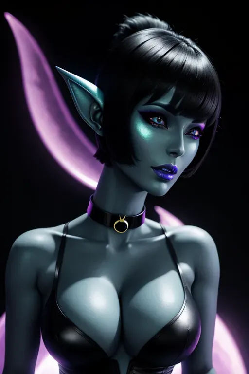 female alien, alien face, slave collar, huge breasts, black hair, pixie cut, fantasy club, ultra realistic, dynamic pose, aroused face,