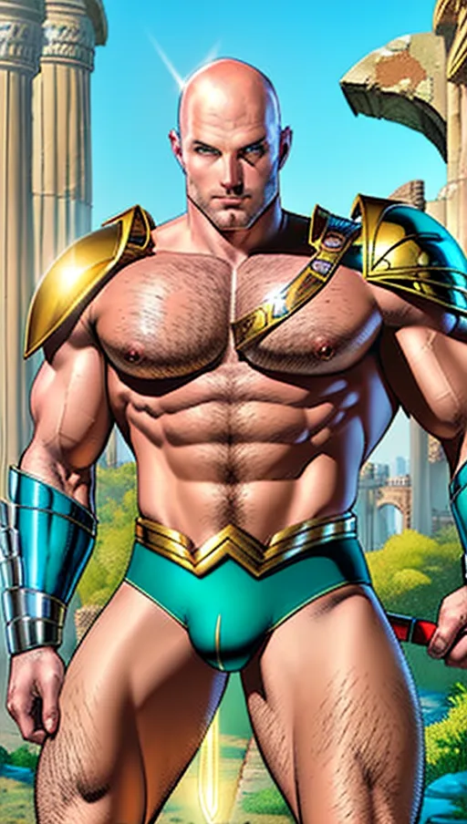 Handsome face, sadistic smirk, Mysterious Bald Headed Male model wielding musical magic, masculine Thin but muscular body type, he is known to super-powered allies as the Sexy Bard, known to super villains as the sonic rapist, Male superhuman bard, wearing one glowing tattoo depicting magic music and ancient ruins, Solo Portrait, Emerald Green Gemstones set into an armored Gold outfit, looking sweaty and aroused, <lora:dc_marvel_v1:1>light stubble for facial hair, Very Stylish, engorged crotch area, nice penis, skin-tight armor <lora:crotchless:1>, amazing detail