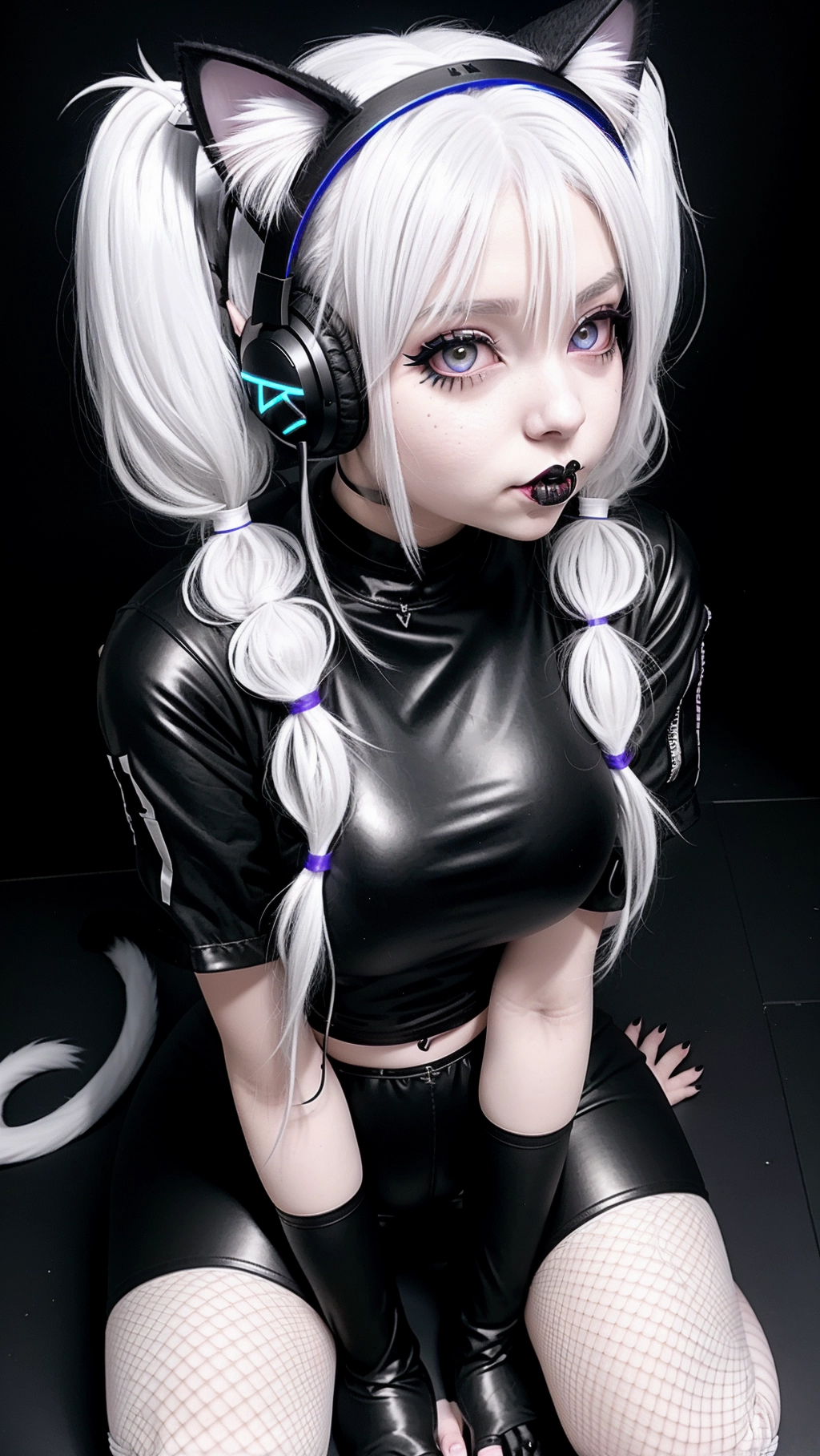21 year old goth gamer, cat ears, headset, white hair, pigtails, medium breast, thin waist, fishnet leggings, on her knees looking up.