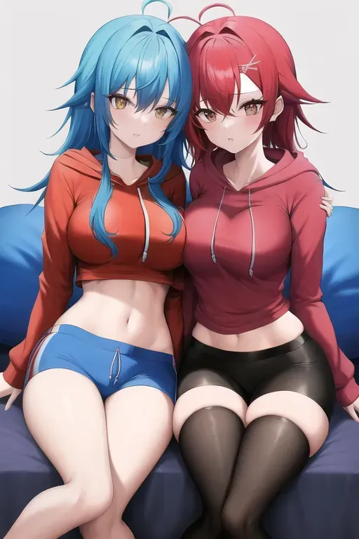 2 girls laying on their stomachs, skinny, medium breast, 1 girl has blue hair wearing a red hoodie, 1 girl has red hair wearing a blue hoodie, sweatpants, tight clothes, fit,