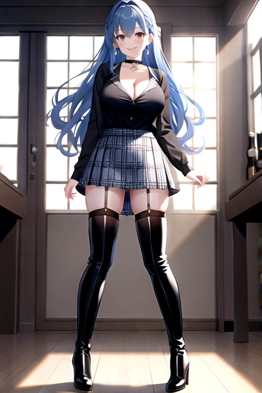 8k quality, brown eyes, pale white skin, blue hair, giant breasts, cleavage, looking at viewer, pov, long hair, wavy hair, full body photo, standing in room, smiling, black shirt, blue plaid miniskirt, high heels, knee high boots, choker
