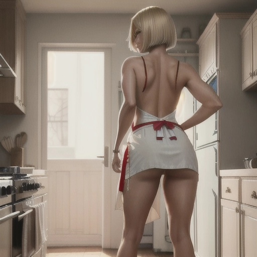 Pretty girl with a blond bob.
She is naked, wearing only an little apron. We can see her rounded buttocks.
She is wearing high-heeled shoes with an ankle strap.
We see her from the back, preparing a meal in a kitchen.