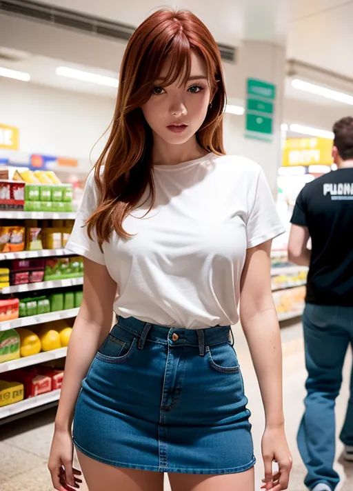 a 8K resolution photo of a 18 years old beautiful girl, redhead, blue eyes, barely legal, skinny, slim, anorexic, full body, bangs, small waist, big boobs, rounded butt, red lips, beautiful lips, symmetrical eyes, (tigh highs), (pale skin with reflections), blushing, natural lighting, low contrast, low saturation, (photorealism:1.5), (photorealistic:1.4), (8k, RAW photo, masterpiece), High detail RAW color photo, a professional photo, realistic, (highest quality), (best shadow), soft shadow, ultra high resolution, highly detailed CG unified 8K wallpapers, soft focus, physics-based rendering, photo, realistic, realism, high contrast, hyperrealism, photography, f1.6 lens, hyper-realistic lifelike texture, textured skin, cinestill 800, full body in frame, all in frame, volumetric lighting, in the style of unreal engine 5, smiling, happy, wearing a shirt and miniskirt, miniskirt lift, pushing up skirt, upskirt, looking away, walking in a busy grocery store, people at the background