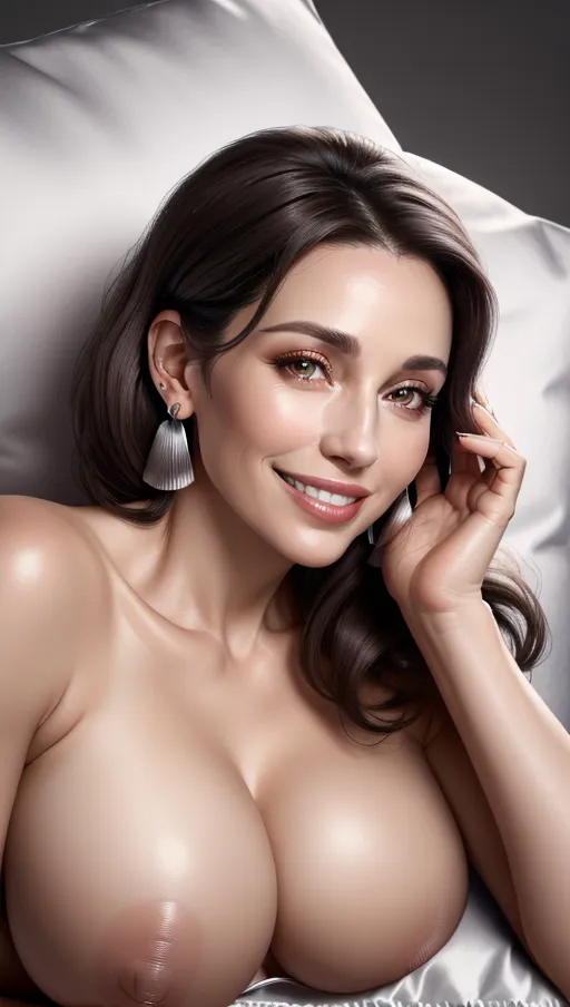 face close up photo, solo 30 year natural old french lady, Round grey eyes with straight nose and plump lips, teasing smile, nice teeth, leathered layers hairstyle, lying on a pillow, nice small breasts and natural areolas, earrings, Broad Lighting, (8k high resolution photo)