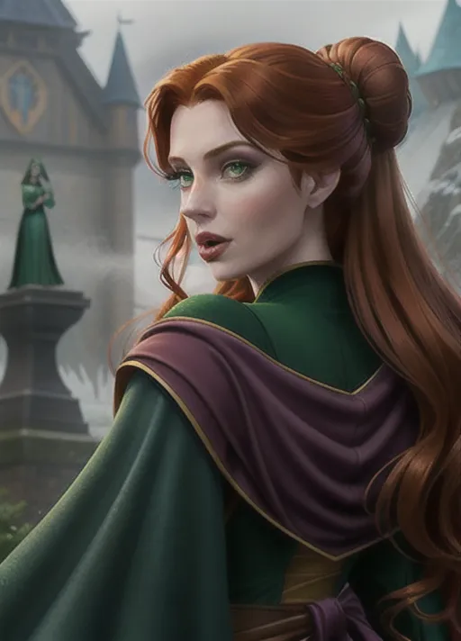 low angle sweet Beautiful youthful sultry auburn haired newly turned vampire Queen Anna of Arendelle dressed in her royal finest dark green velvet gown and cape, the one she wore to the unveiling of the statue of her parents, her hair done up in a low hanging bun, runs her tongue across her new formed pair of vampire fangs her eyes glowing bright red as she rises from her dark foggy cobwebbed crypt. photorealistic.