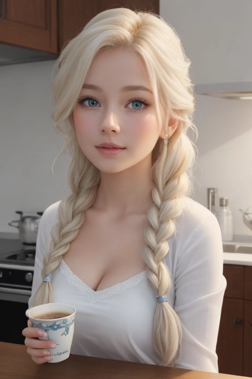 (cute innocent Scandinavian beautiful gorgeous attractive busty Elsa from Frozen as the main protagonist), smirk, big breast, small waist, thick thighs, cleavage, holds a cup of coffee with both hands, single braid, platinum blonde hair, blue eyes,
Clothing, nude, oversized white shirt,
Setting, modern kitchen in the morning,
Top down view, great lightning, looks up at the viewer,
Best quality, best detail, perfect hands, perfect eyes, perfect face, morning sun lightning,