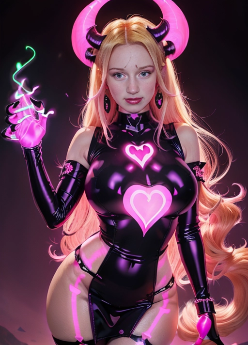 best quality, (((ultra high res))), (((detailed face and eyes))), (perfect face), (big shining heart choker), earrings, jewelry, (((big glowing succubus mark))), ((((big glowing succubus bodymark)))), (((conjuring))), (witch), ((long voluminous hair)), (((latex gloves))), ((black hair)), (((golden bracelet))), (((huge hair cuff))), (((pink skintight neckholder dress))), (((pink glowing dress))), ((face closeup)), (lipstick), (((neckholder))), ((((demon tail)))), ((black long sleeves)), ((purple glowing heart)), (((big cameltoe))), (((demon mark))), heart on womb, (((((bright pink glowing skin tone))))), (((blonde hair))), ((pink glowing clothes)), ((huge boobs)), ((luminescent))