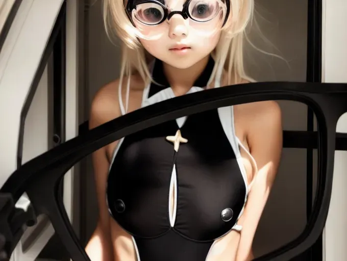 Anime girl slender beautiful, wearing black one piece swimsuit, 1st person view staring at girl see through glasses