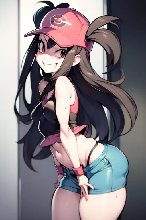 Hilda, Pokemon, Nintendo, solo, hotpants, sweating, wide hips, small breasts, small waist, opening door, hat, evil smile,