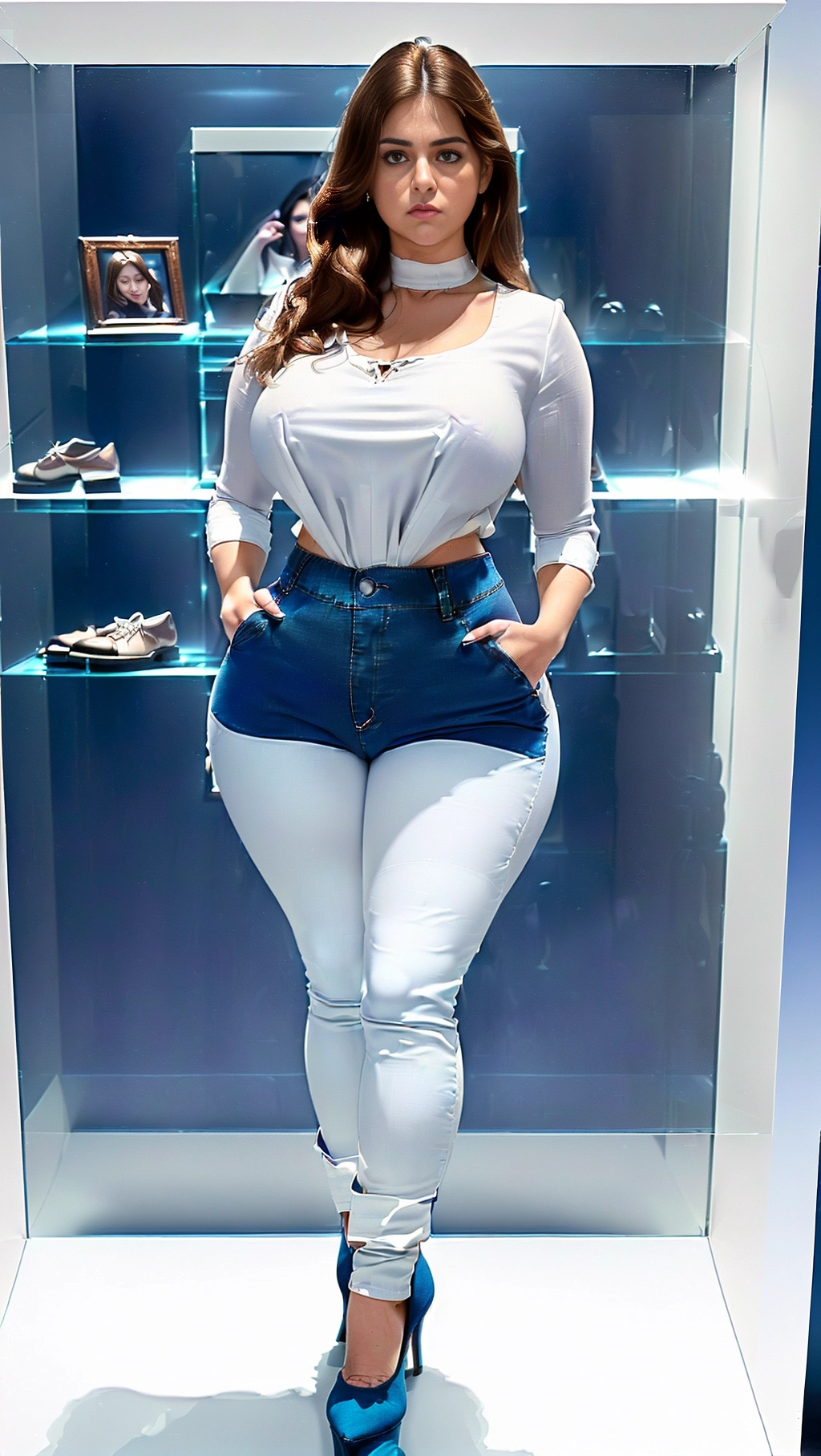 An 8k resolution photo, (((detailed facial features))), ((real body)),((8k resolution photo)) ((view full body)), large natural breasts , ((overweight)), generous curves, Latina, standing, thick legs, (((high shoes))),inside transparent box, excivision, display case, ((((real body)))), (((displayed in a display case))), white lighting, ((((serious facial expression, eyes looking directly into the camera lens)))), (((full body view, full body photograph)))) , standing, stand, ((((dressed in a tight white blouse that highlights her breasts and blue canvas pants that highlights her hips))))