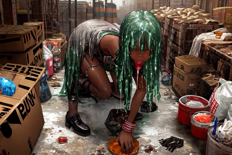 dark skin, ebony woman, in a a dirty warehouse, chased by homeless men, frightended, a slave , (((blowbang))), rough sex, captured, caught, surrounded by the homeless, covered in slime, covered in cum, forced, she was turned into a fucktoy, she was the entertainment, they all had their way with her, garbage sround her, firlth around her, she is ashamed, covered in garbage, filthy whore, worhless slut