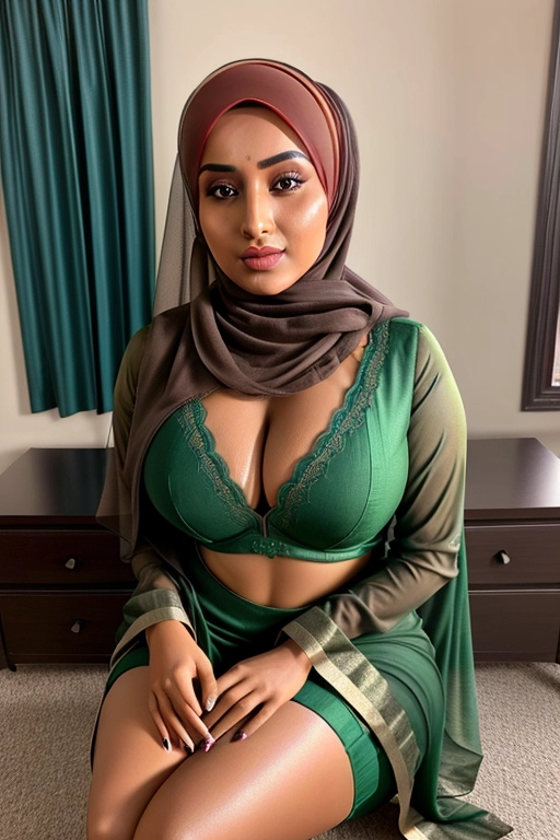 professional realistic detailed full body image of a 20 years old horny pakistan woman,
with round boobs and thick thighs and flat belly,
showing deep cleavage and thick thighs,
wearing a sexy saree exposing bra and deep cleavage,
((hijab)),
cute face,
highly realistic,
she has thick thighs,
birthmark visible on her left knee,
tanned dark skin,