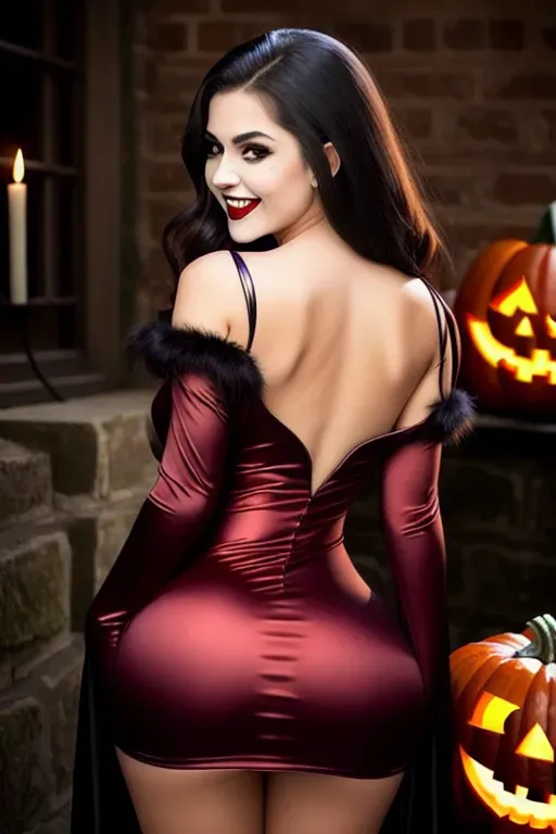 Gorgeous 19 year old girl, smiling coyly, looking at me, looking into camera, looking at viewer, rear view, (showing butt), ((revealing vulva)), (showing pussy), trim pubic hair, ((looking over shoulder)), (Halloween vampire costume)(short minidress), (vampire fangs), sexually provocative poses, Halloween setting, nighttime scene, bats, pumpkins, full moon, sexually aroused, sexually excited, side boob view,