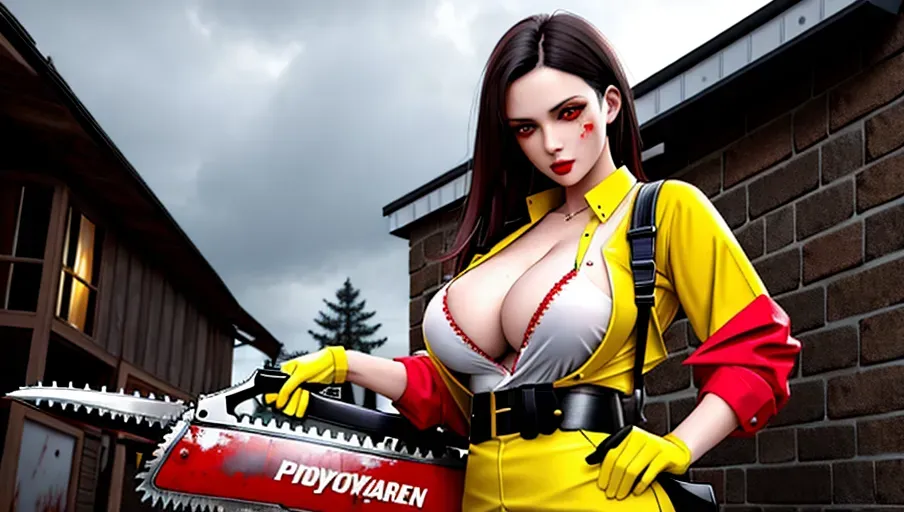 sexy woman, european brunette with green eyes, fertile, sexy , holding bloody chainsaw , realistic motorized chainsaw visible foreground , dressed in a yellow butcher s apron, yandere woman, blood stained face clothes, unreal engine,professional,pixiv,cinematic lighting,highly detailed