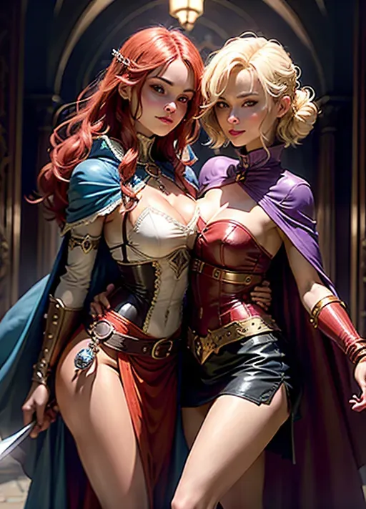 High fantasy setting (Dungeons and Dragons), backgriound is castle on a cliff by a lake and forest,
two women wearing leather and metal armour, women look like Olivia Wilde (wild blonde hair) and Dina Meyer (short red hair), wearing sexy clothes in blue and purple (long cape) (skirt reaching knees) (high leather boots), medium breasts, cleavage, midrif, toned and slim body, abs, slender arms and legs, small ass, narrow waist,
looking sexy with a sensual expression, very beautiful face, very beutiful eyes, sexy pose, erotic smile, holding dagger or sword in one hand, looking at the viewer, happy, facing each other and kissing passionately,
two arms, two hands, five fingers, detailed fingers, two legs, two feet, remove third hand, check eye configuration, check hand congifuration, number of hands, make picture more clear,
<lora:dpmg_add_detail:0.4>, vivid colors, cinematic composition, artificial light, UHD, HDR, highest quality, highest resolution, (photorealist), (photorealism), (masterpiece:0.4)