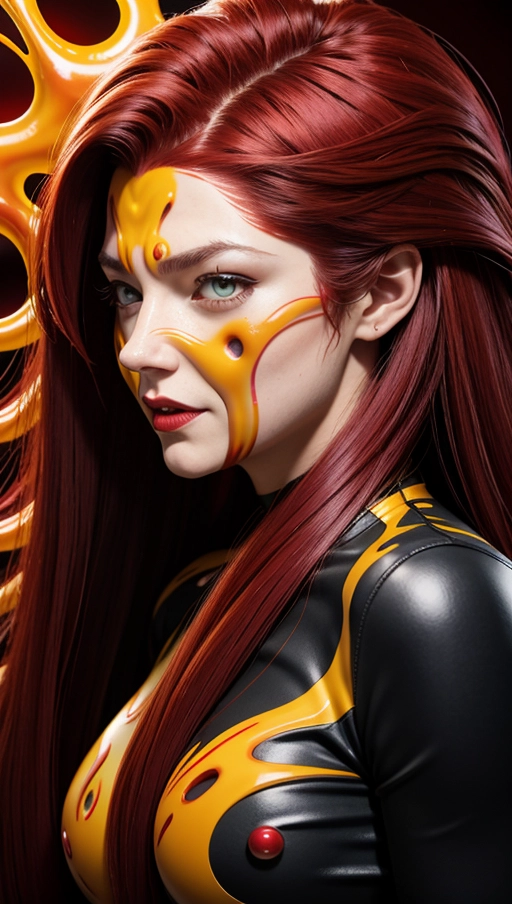 Burgundy red and yellow symbiote, ((hair-raising symbiote)), ((burgundy red and yellow symbiote goo)), (((burgundy red long hair with yellow strands))), ((red and yellow symbiote suit)), (yellow strands), (((((symbiote goo face))))), (((((symbiote goo hair))), ((((symbiote face))))