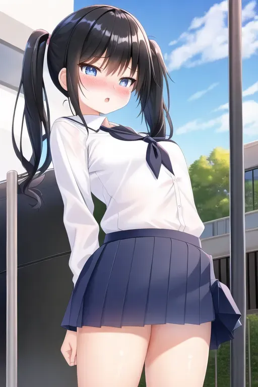 a hentai image of, girl, young, flat chest, petite, blushing, school uniform, unbuttoned shirt, black hair, pigtails, blue eyes, standing, pale skin, sunny sky